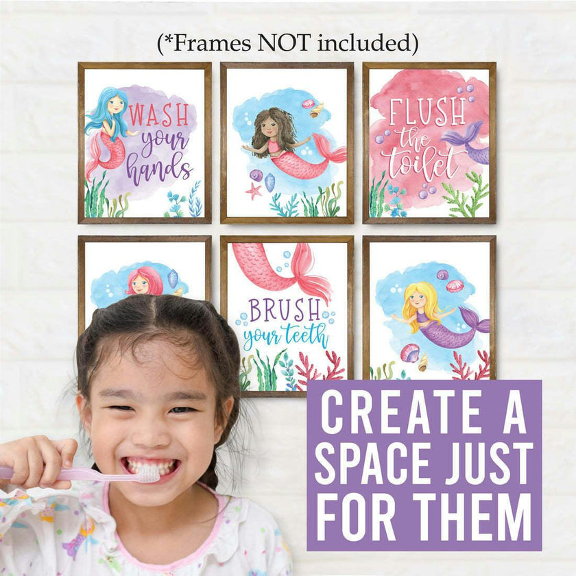 10-Piece Mermaid Potty Training Charts & 6-Piece Under the Sea Bathroom Wall Art Decor Prints