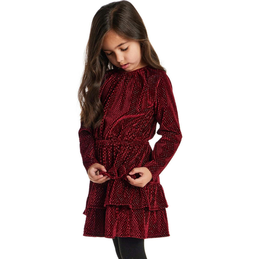 Kids Red Velvet Asymmetrical Tiered Dress