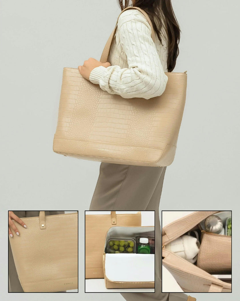 Vegan Leather Work Tote Bag with Removable Insulated Pouch, Cream Croc