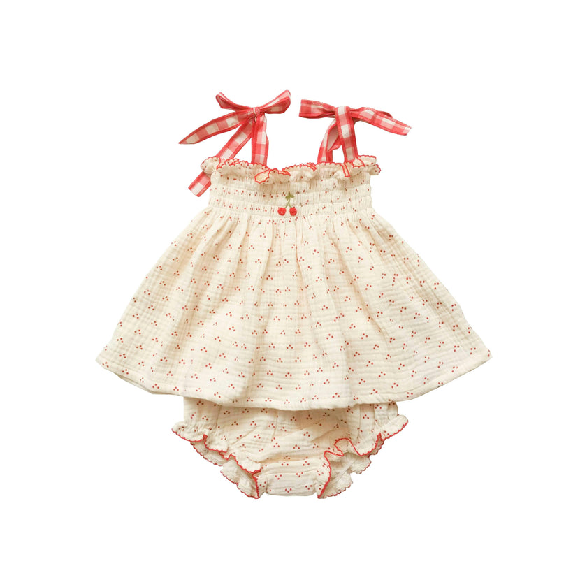 Embroidered Smock Set in Red Dot/Cherry