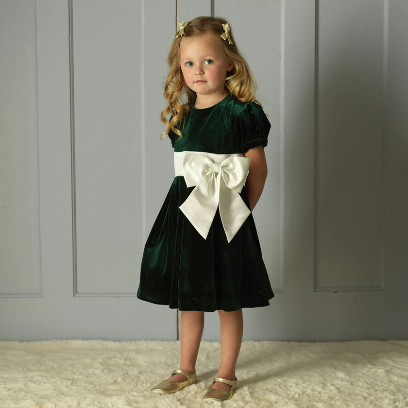 Green Velvet Contrast Bow Dress
