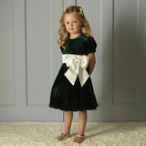 Green Velvet Contrast Bow Dress