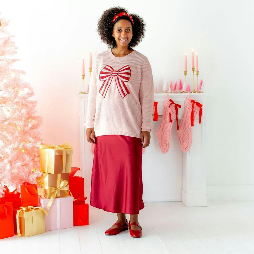 Candy Cane Sequin Bow Patch Christmas Women's Sweater