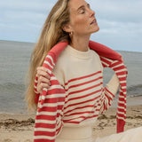 Women's Cream And Red Stripe Cropped Sweater