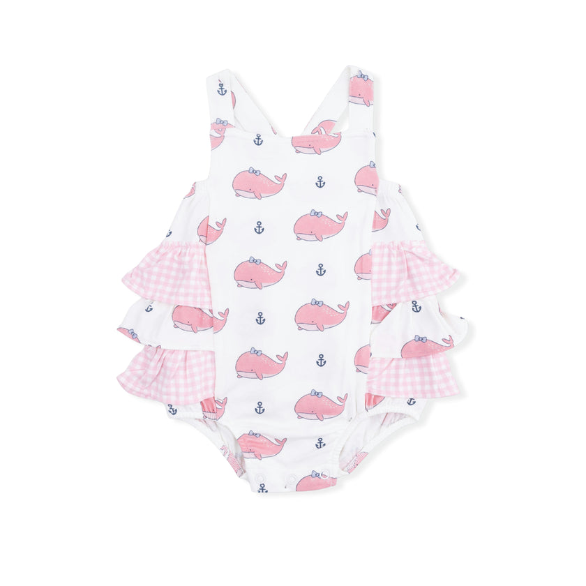 Bubbly Whale with Bow  Pink - Ruffle Sunsuit