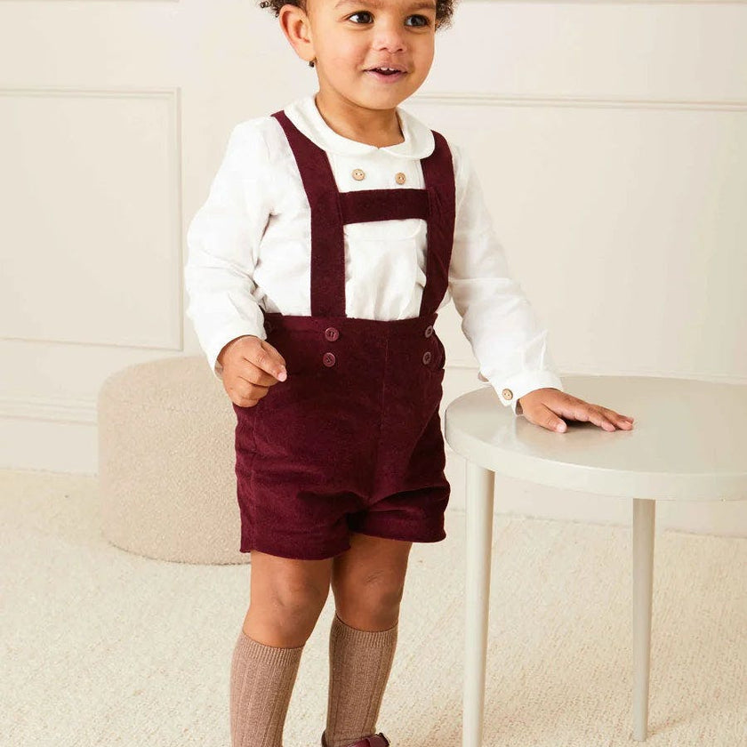 Velvet Button Detail Shorts with Braces in Burgundy (18mths-4yrs)