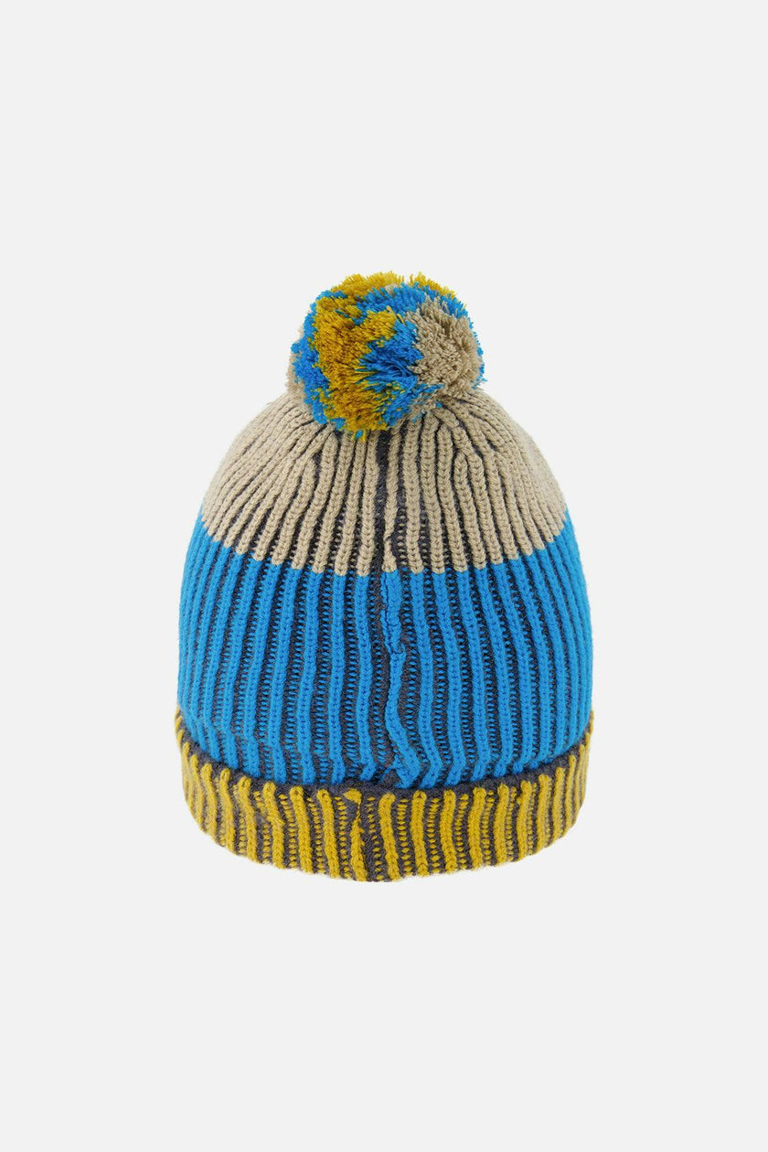 Winter Knit Hat with Pompom Blue and Yellow