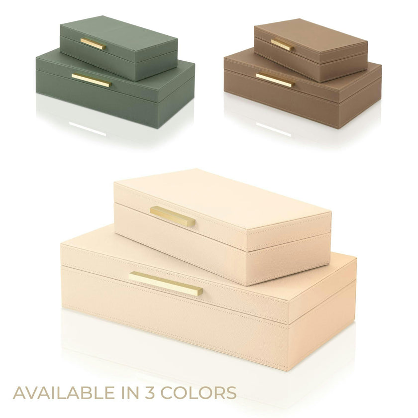 Decorative Storage Boxes with Lids - Set of 2 PU Leather Organizer Bins for Bookshelf Decor - Store Photos, Documents and Memory Box Keepsakes in Style