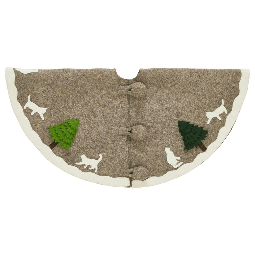Handmade Felted Cats and Green Trees Grey Christmas Tree Skirt 36",