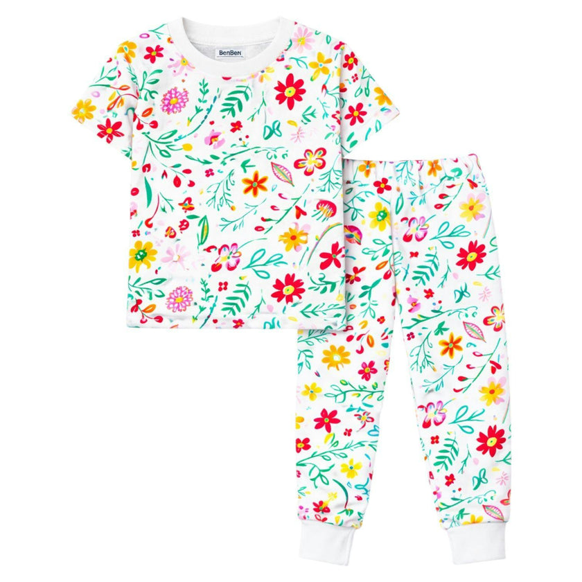 Kids and Toddlers Girls Flowers Shorts Sleeve Snug Fitted Soft Pajamas Set