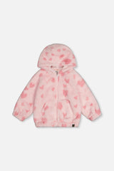 Hooded Full Zip Faux Fur Jacket Pink Printed With Hearts
