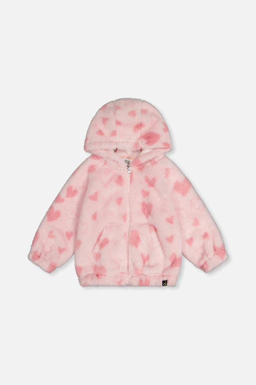 Hooded Full Zip Faux Fur Jacket Pink Printed With Hearts