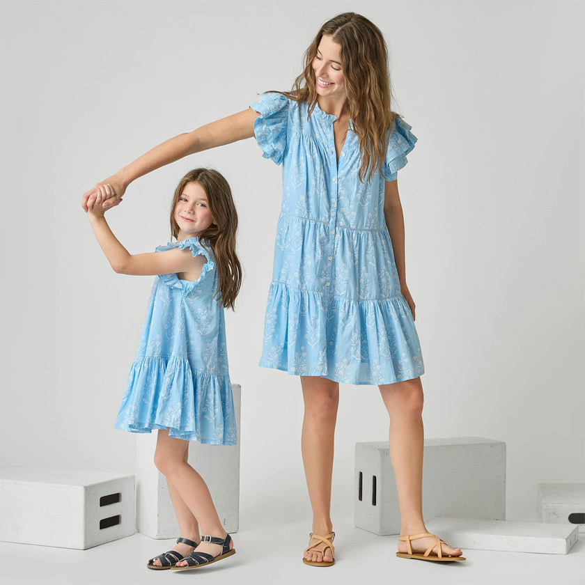 Womens Kalani Ruffle Dress - Blue Dewdrop Block Print