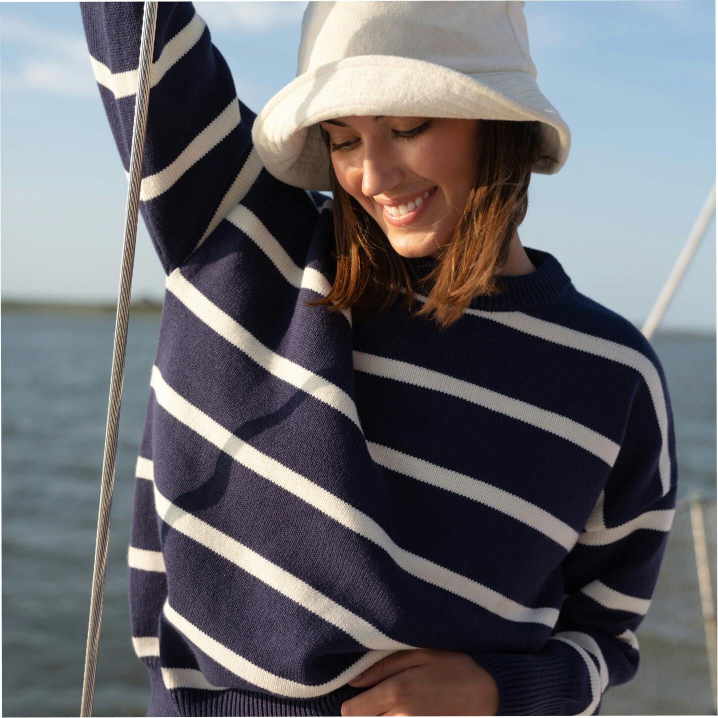 Women's Navy And Cream Wide Stripe Knit Sweater