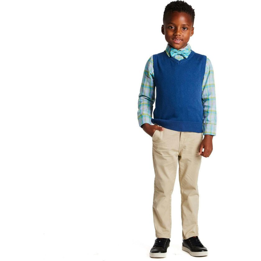 Boys 4-Piece Vest Set | Navy & Khaki Plaid
