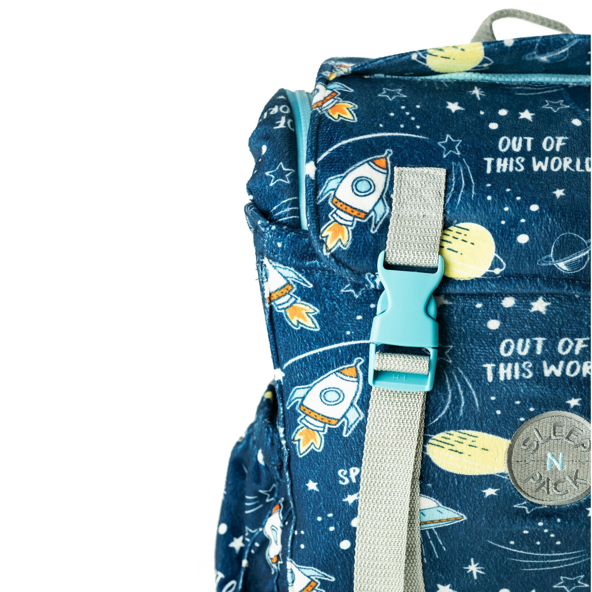 Sleep-n-Pack: Packable Little Kid's Sleeping Bag & Backpack, Cozy Mink, Space & Rockets
