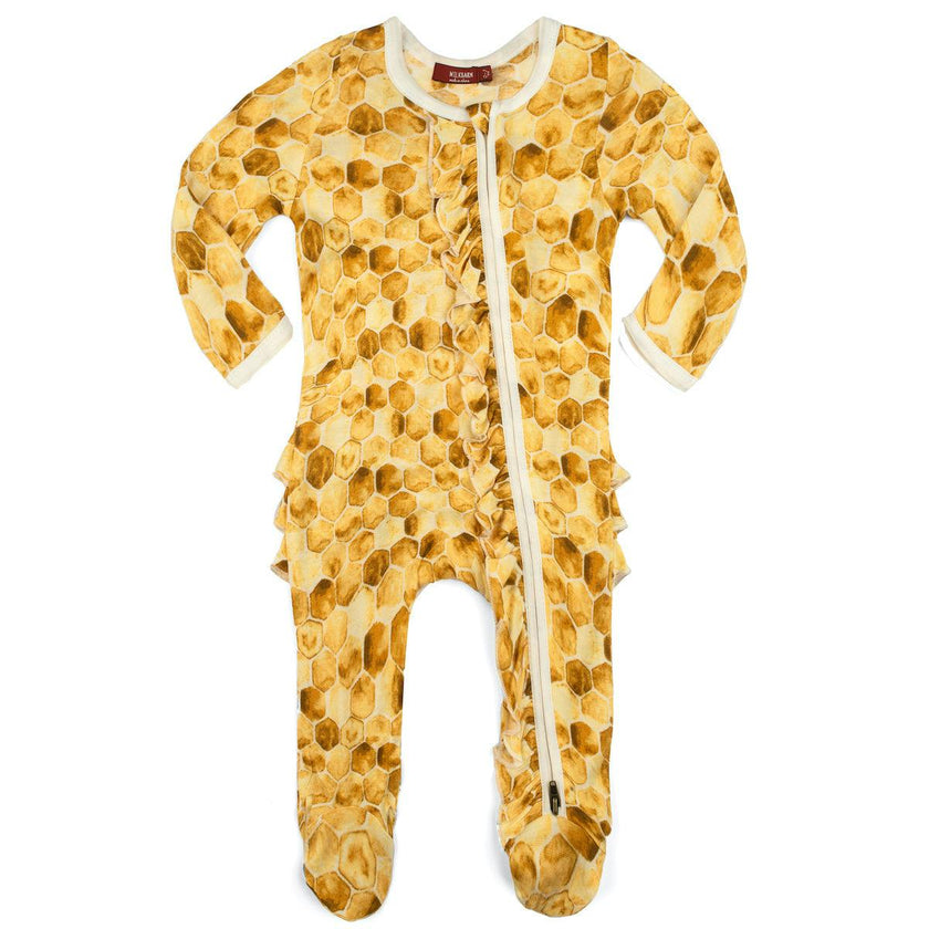 Honeycomb Bamboo Ruffle Zipper Footed Romper