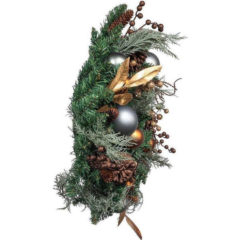 24-Inch Unlit Copper and Silver Balls Green Wreath