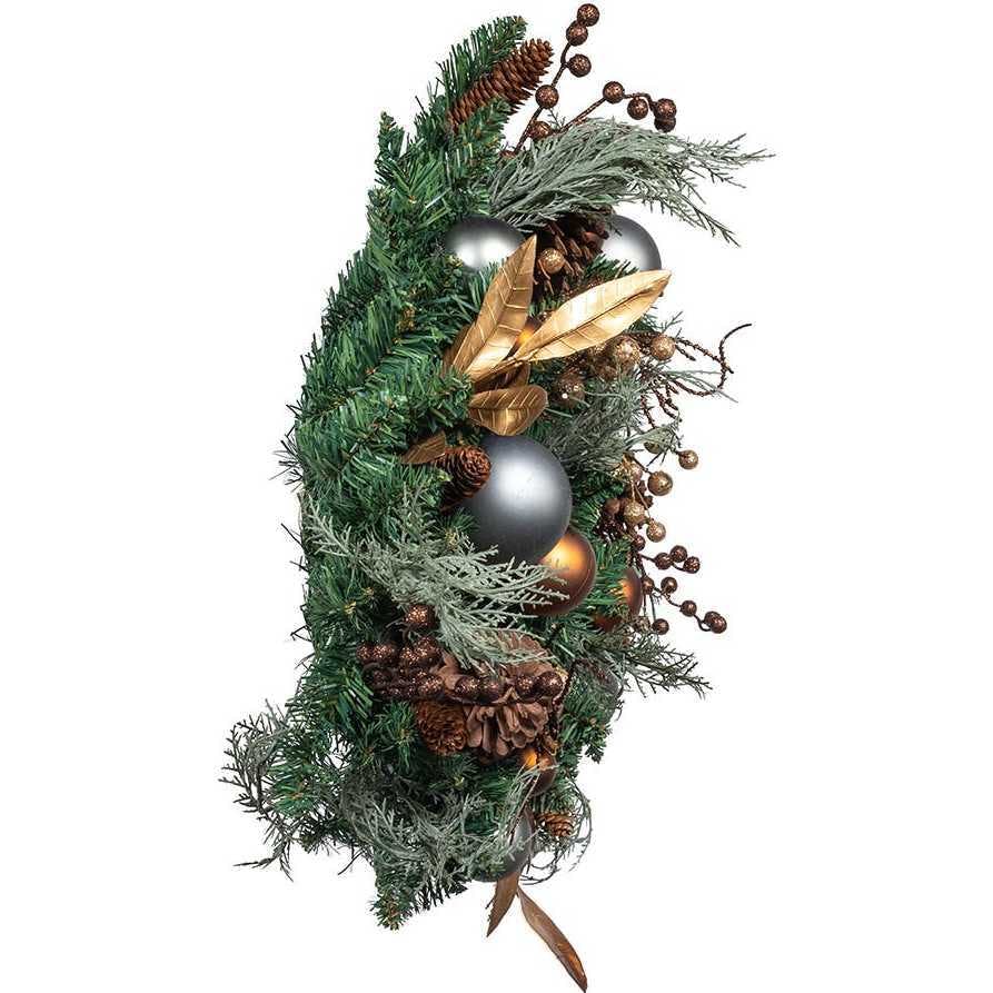 24-Inch Unlit Copper and Silver Balls Green Wreath