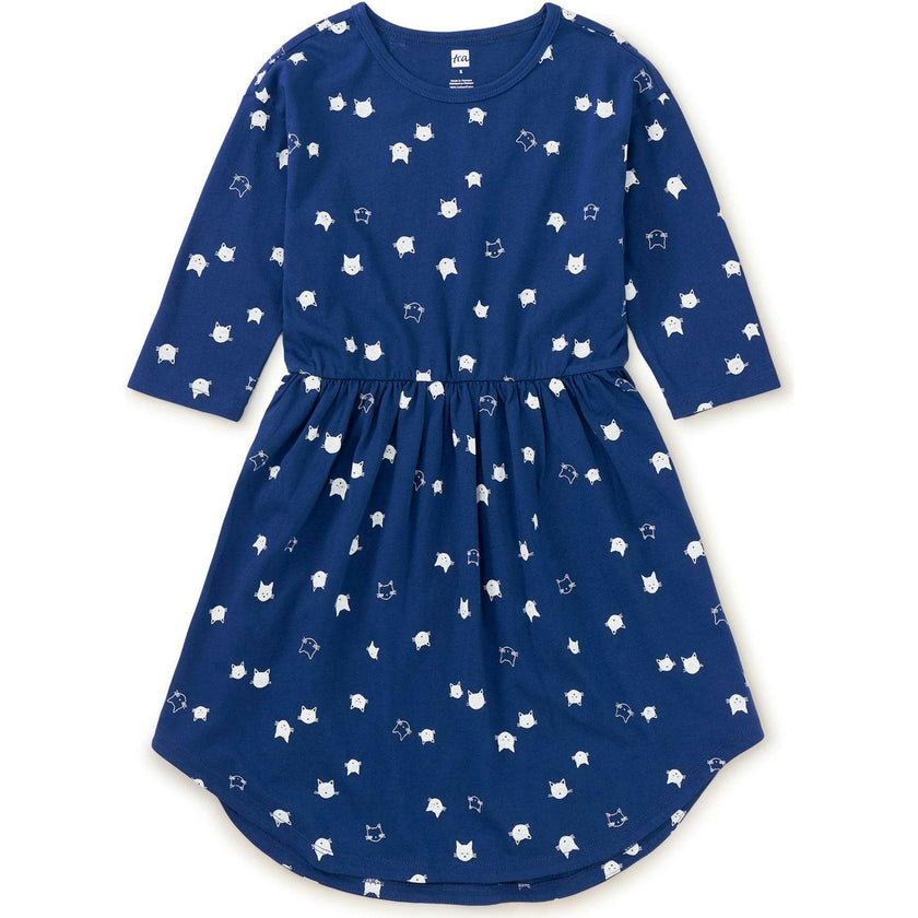 Graphic Print Crew Neck Long Sleeve Elastic Waist Midi Dress, Blue