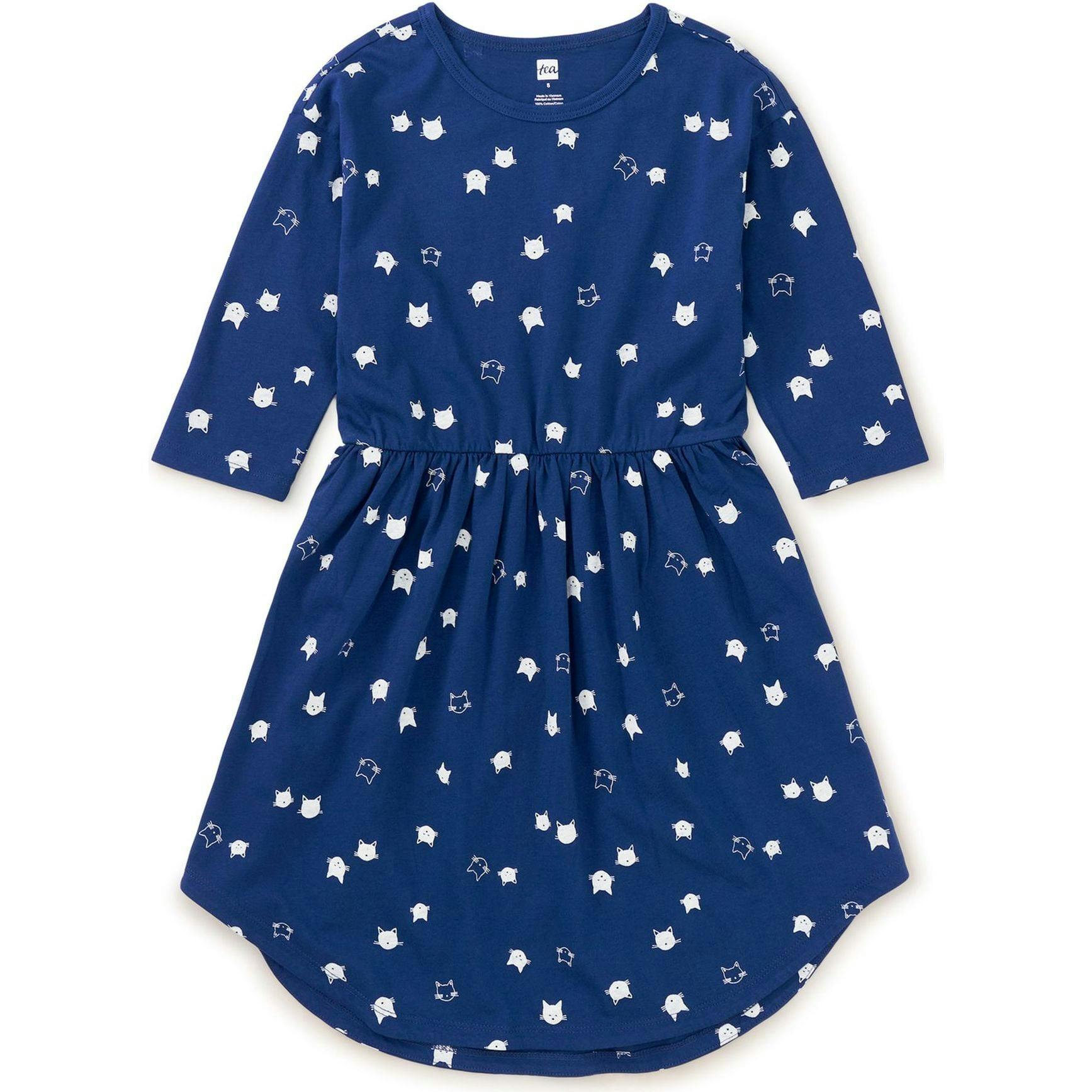 Graphic Print Crew Neck Long Sleeve Elastic Waist Midi Dress, Blue