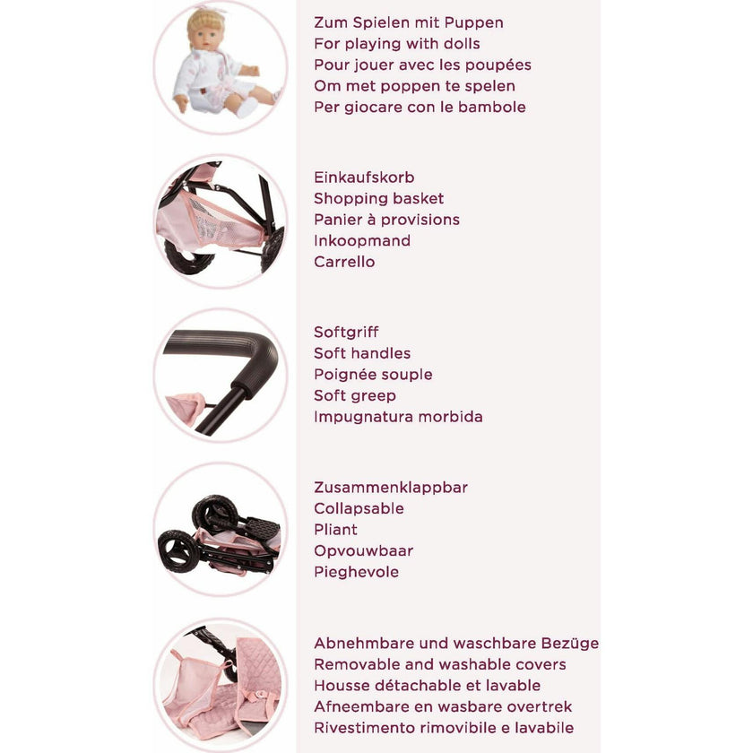 Gotz 3‑Wheel Doll Buggy “Soft Mood” – Compact Grey‑Pink Doll Stroller with Sunshade