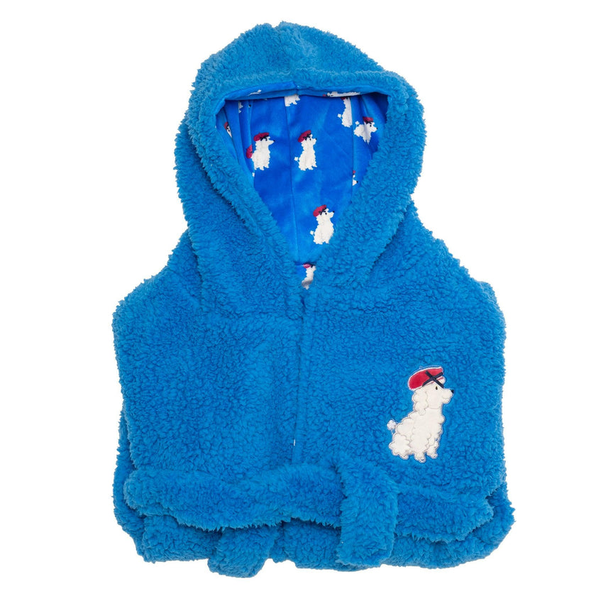 Cozy Switch Robe – Reversible Sherpa & Printed Mink Robe with Appliqué, Blue French Poodles