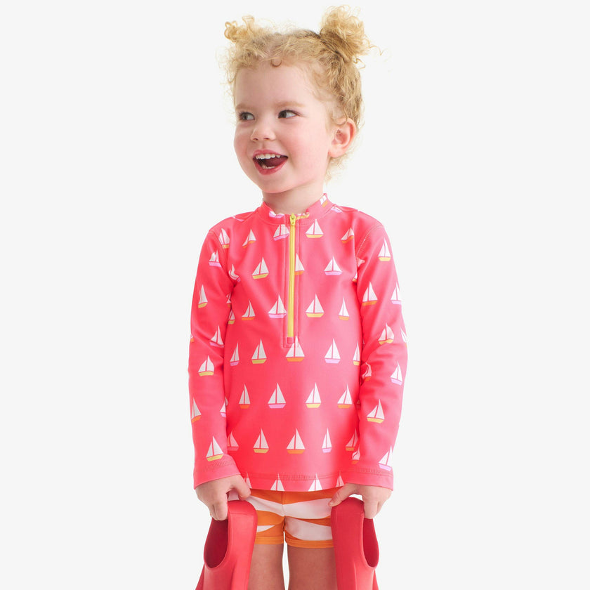 Clearance kids long sleeve half-zip rash guard in sailboats