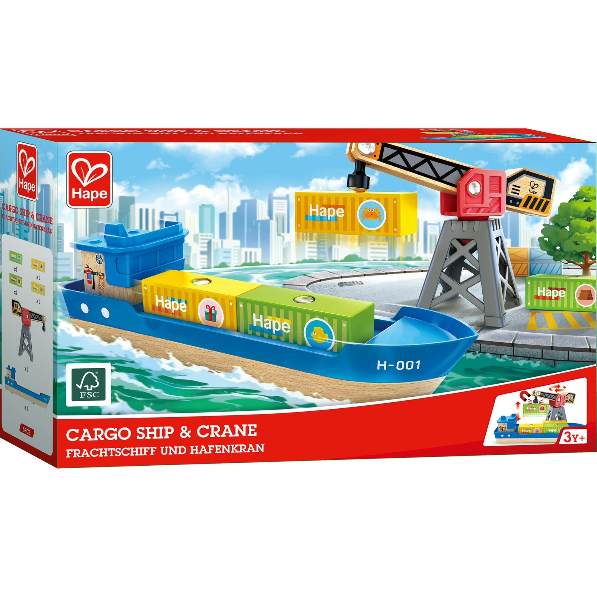 Hape: Cargo Ship & - 6 pc Train Playset