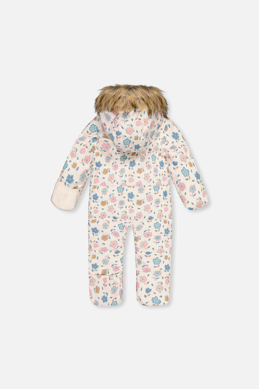 Baby Snug One Piece Snowsuit Adapted For Car Seats White With Floral Print