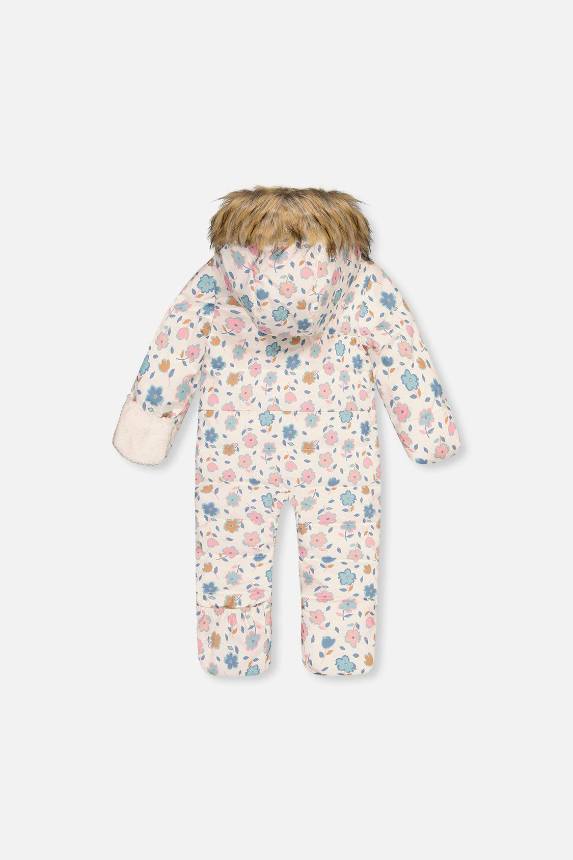 Baby Snug One Piece Snowsuit Adapted For Car Seats White With Floral Print