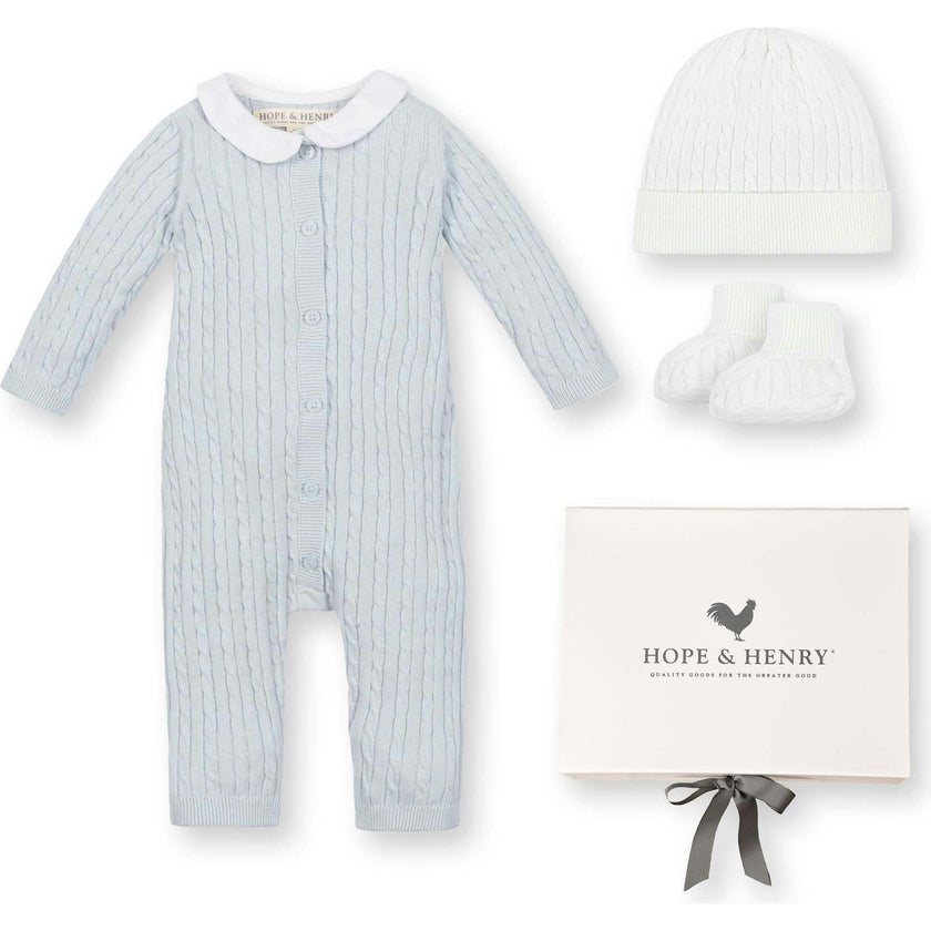 4 Piece Organic Peter Pan Collar Romper, Blue