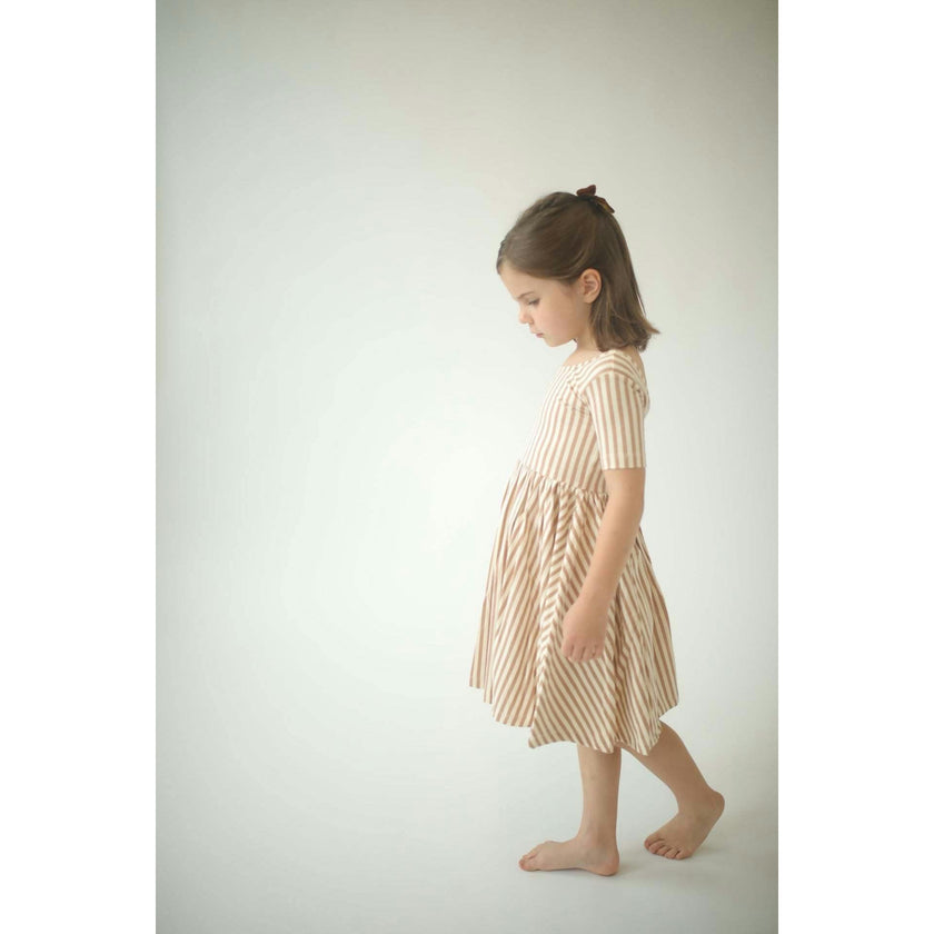 Short Sleeve Twirl Dress in Toffee Stripes