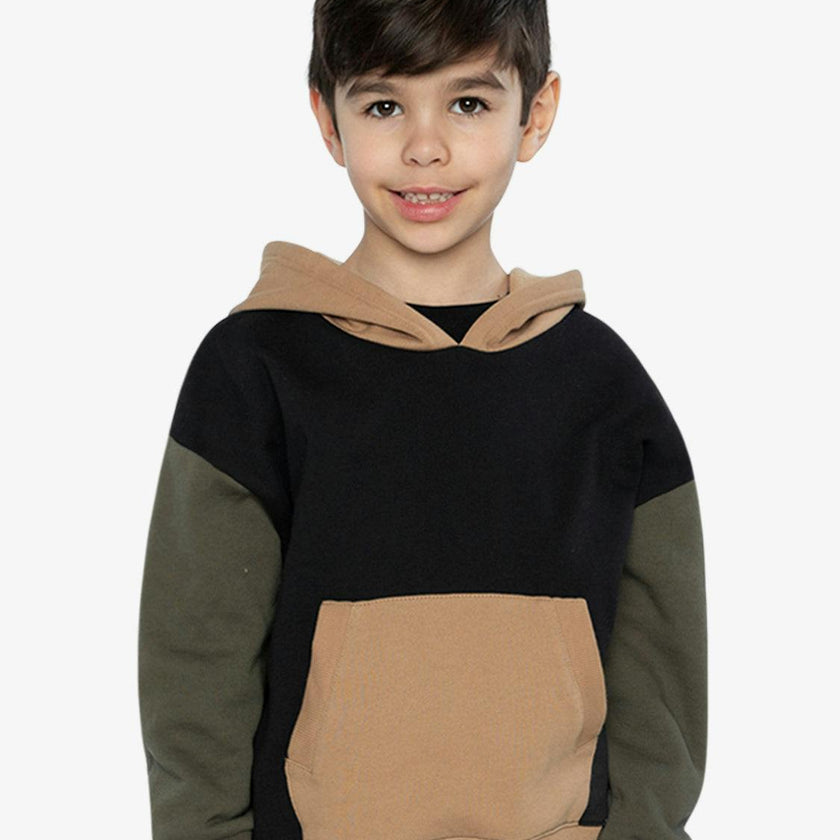 Hooded Colorblock Fleece Cardigan Black, Green and Beige