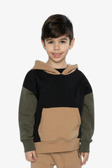 Hooded Colorblock Fleece Cardigan Black, Green and Beige