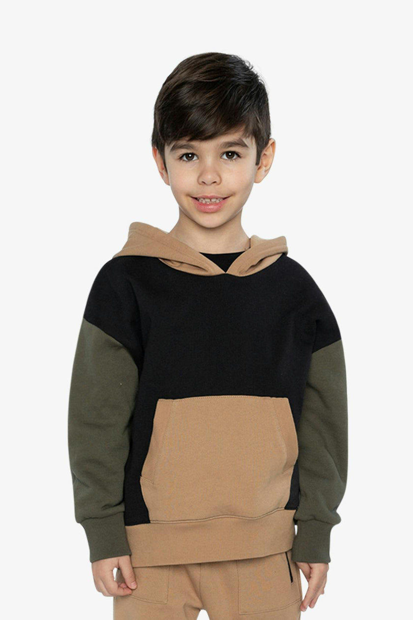 Hooded Colorblock Fleece Cardigan Black, Green and Beige