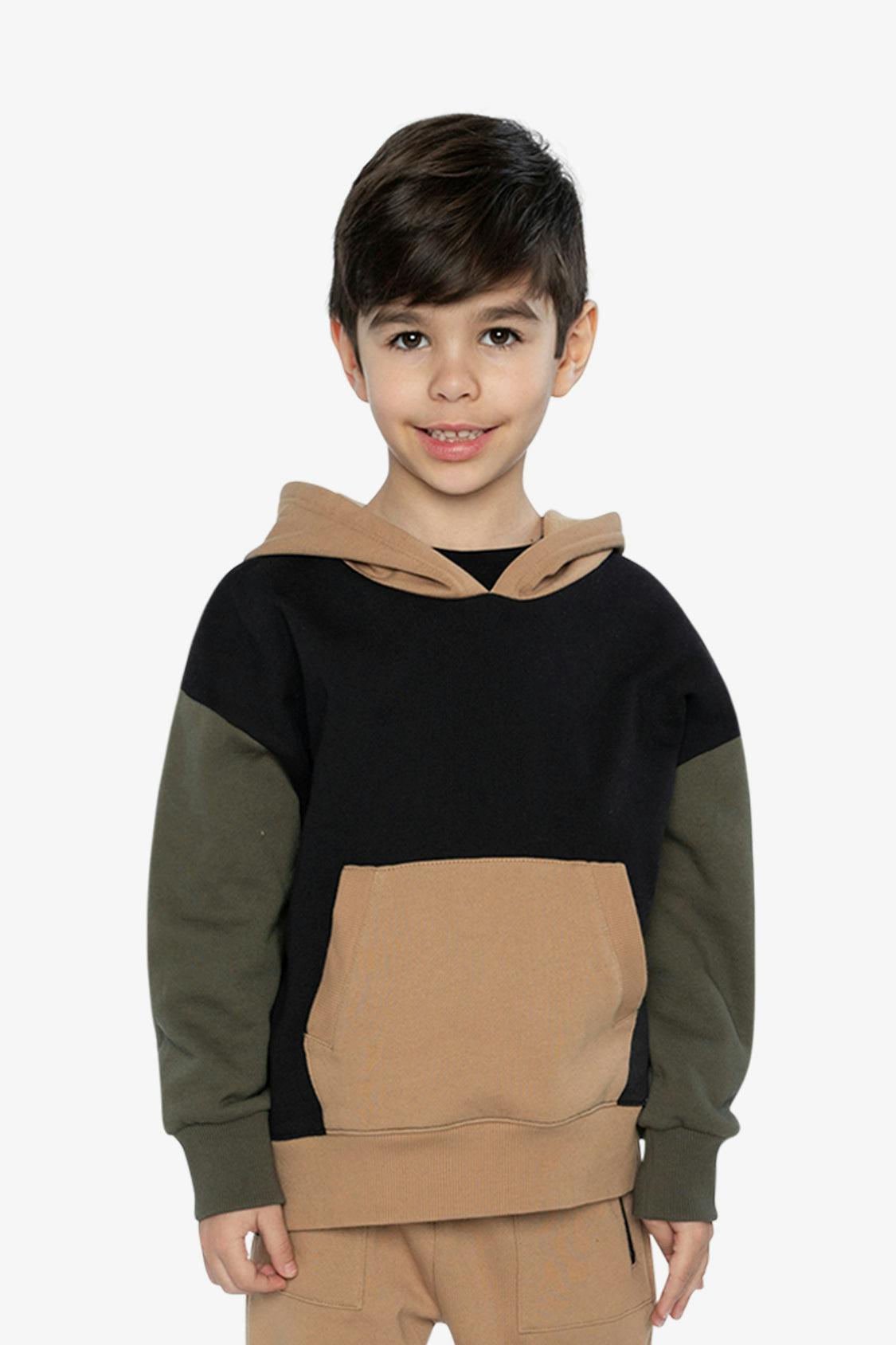 Hooded Colorblock Fleece Cardigan Black, Green and Beige
