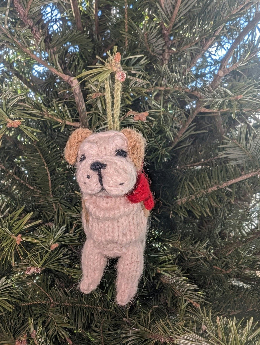 Bulldog Dog Hand Knit Christmas Ornament