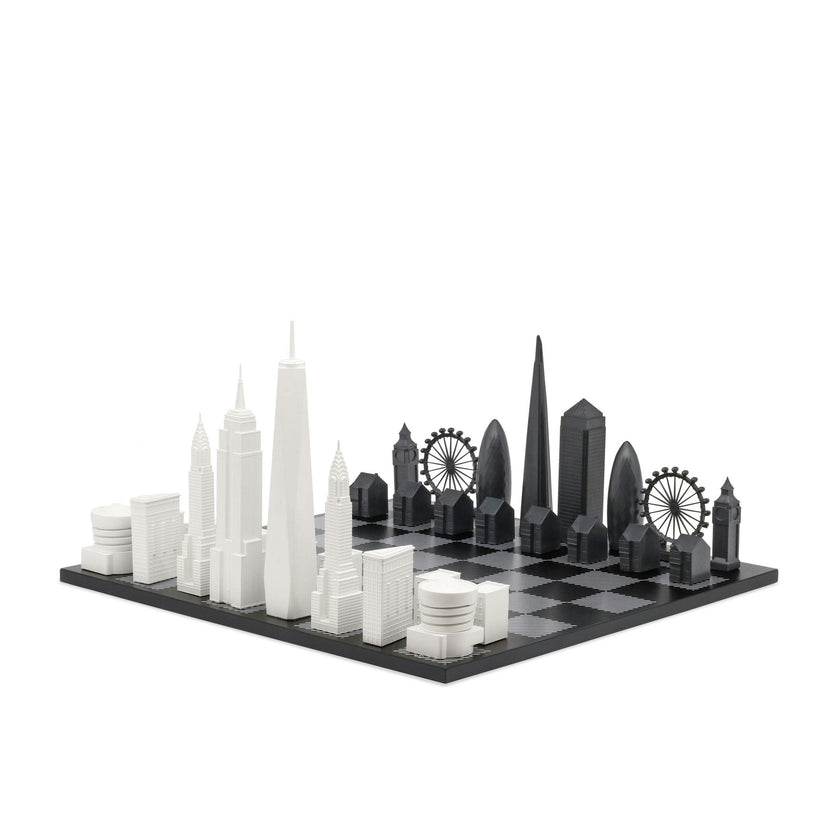Chess Set Acrylic LONDON vs NEW YORK with B/W Hatch Board