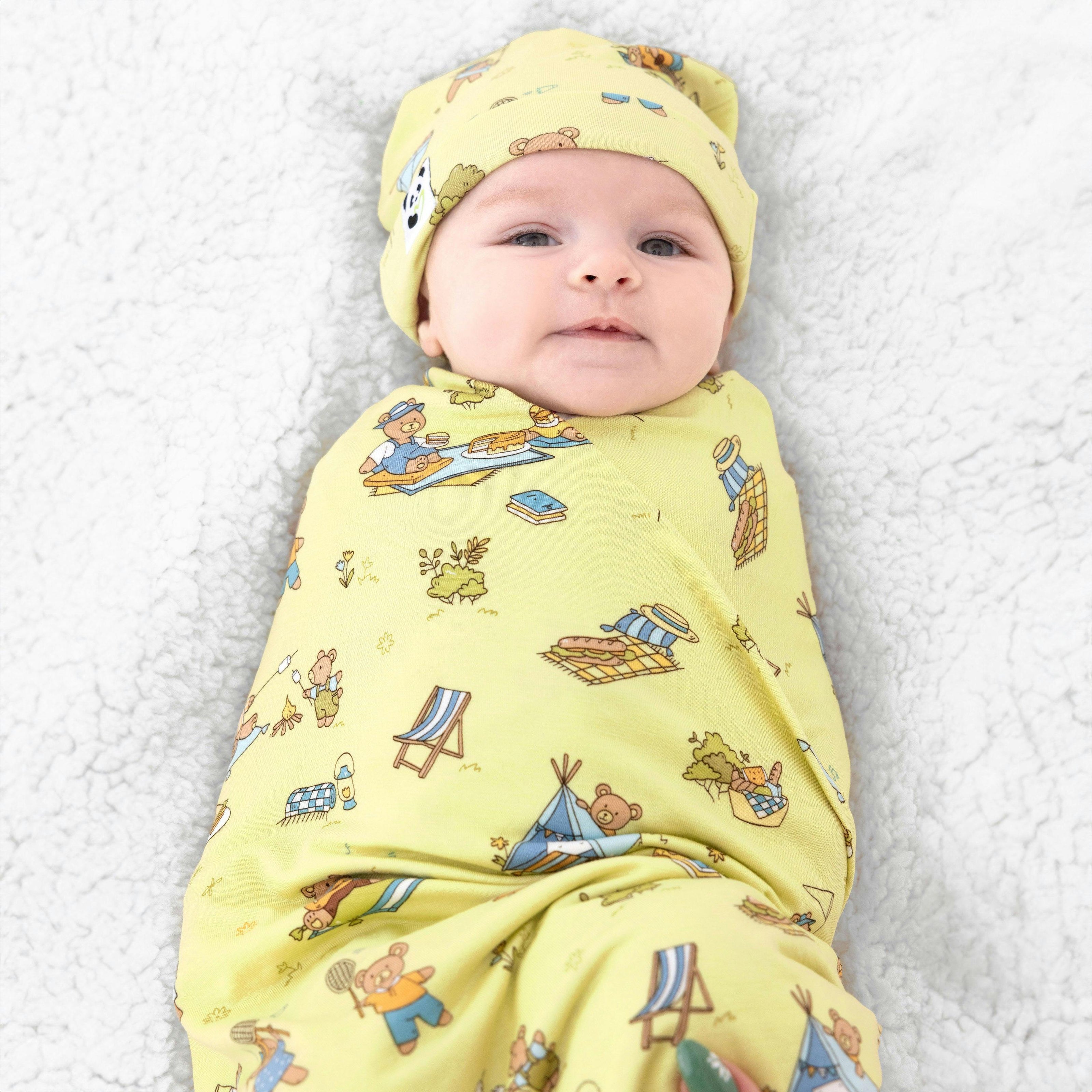 Teddy Picnic Bamboo Swaddle & Beanie Set