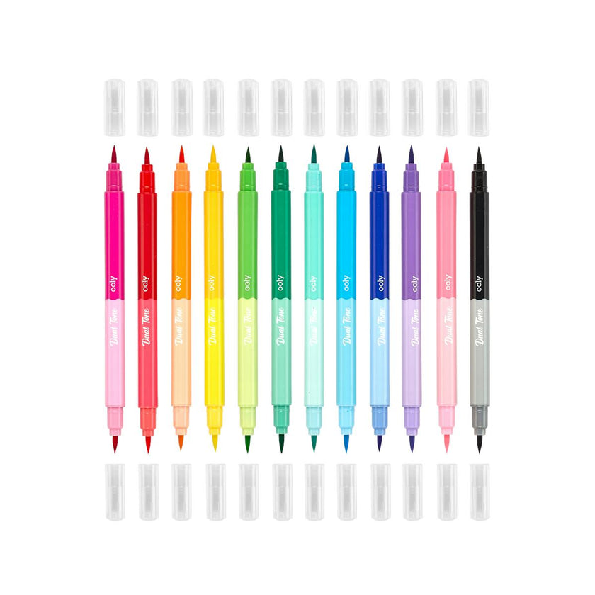 Dual Tone Double Ended Brush Marker - 24 Colors - Set of 12