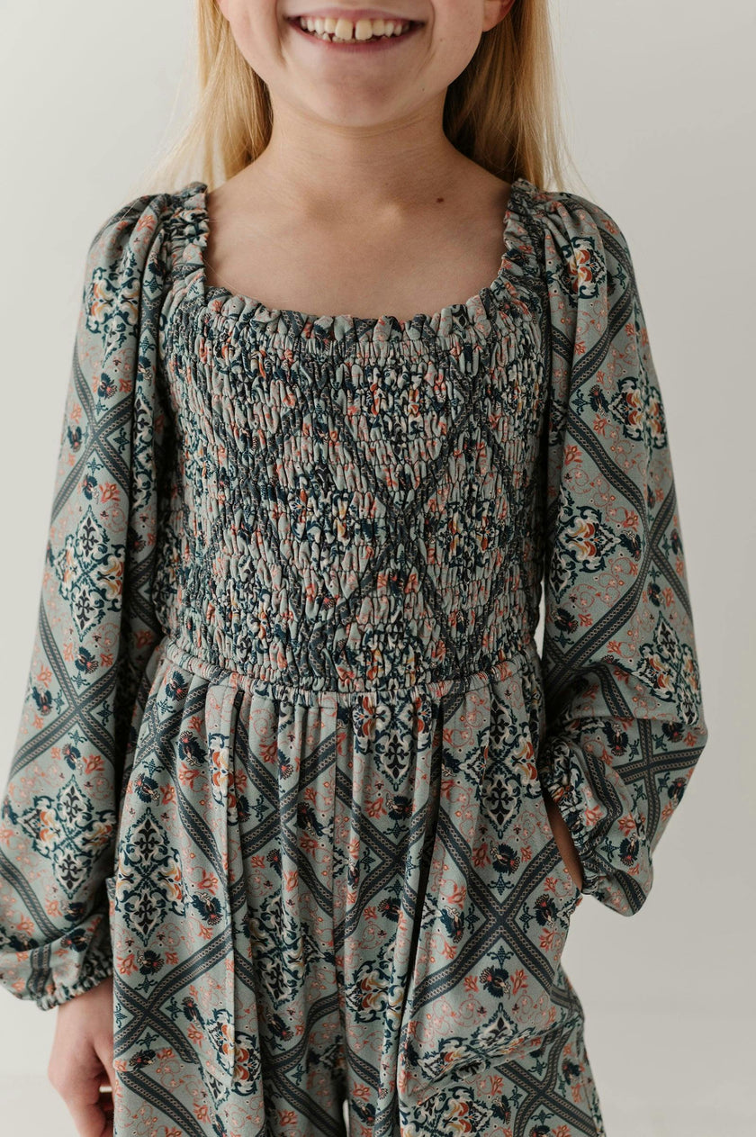 Girls Smocking Knit Jumpsuit in Landon Ethnic Diamond