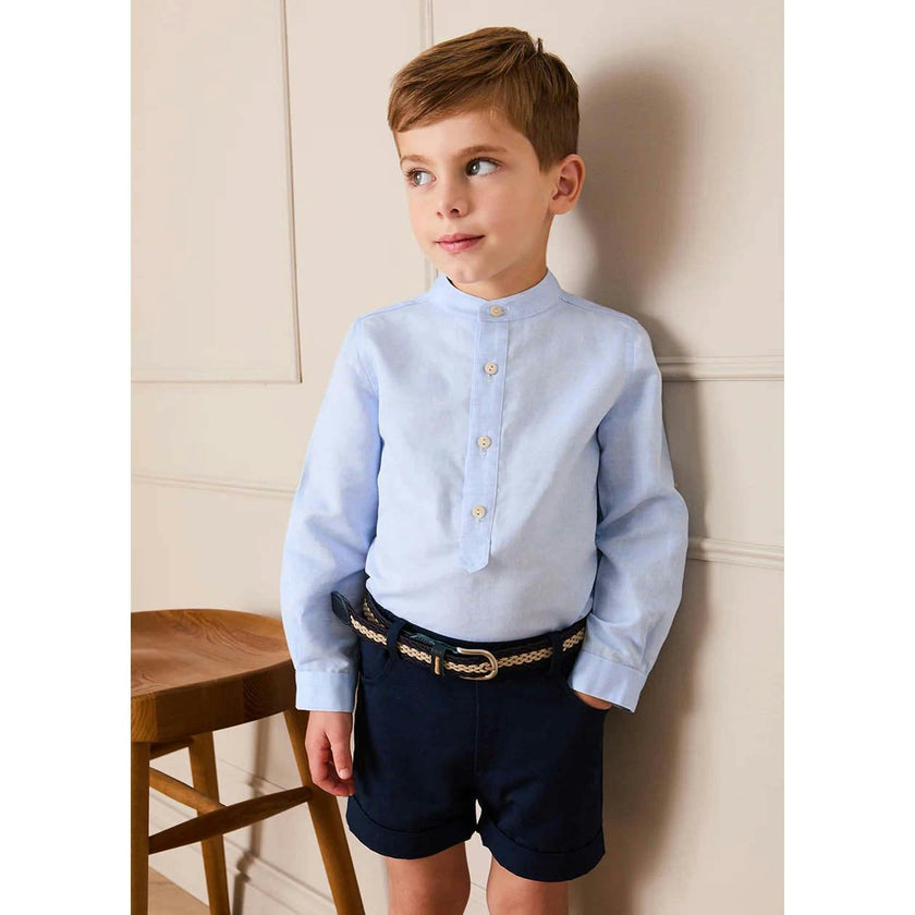 Mao Collar Linen Blend Shirt in Blue (18mths- 10yrs)