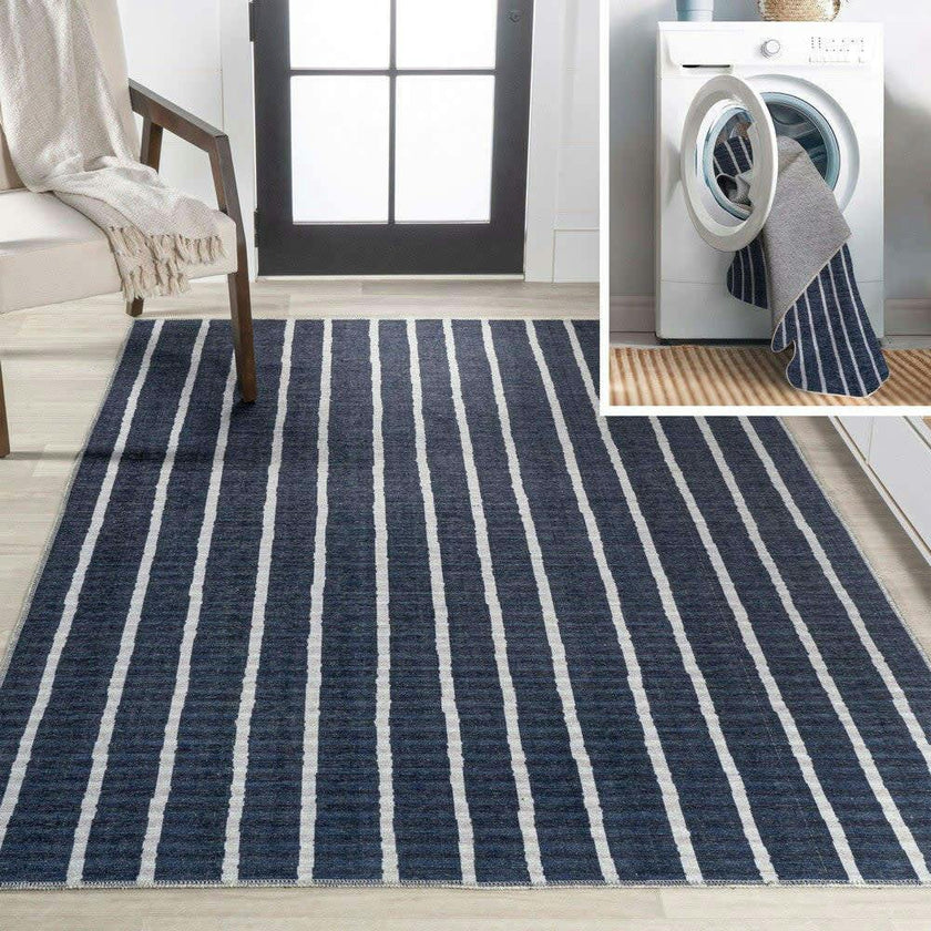 Rand Distressed Ticking Stripe Machine-washable Area Rug
