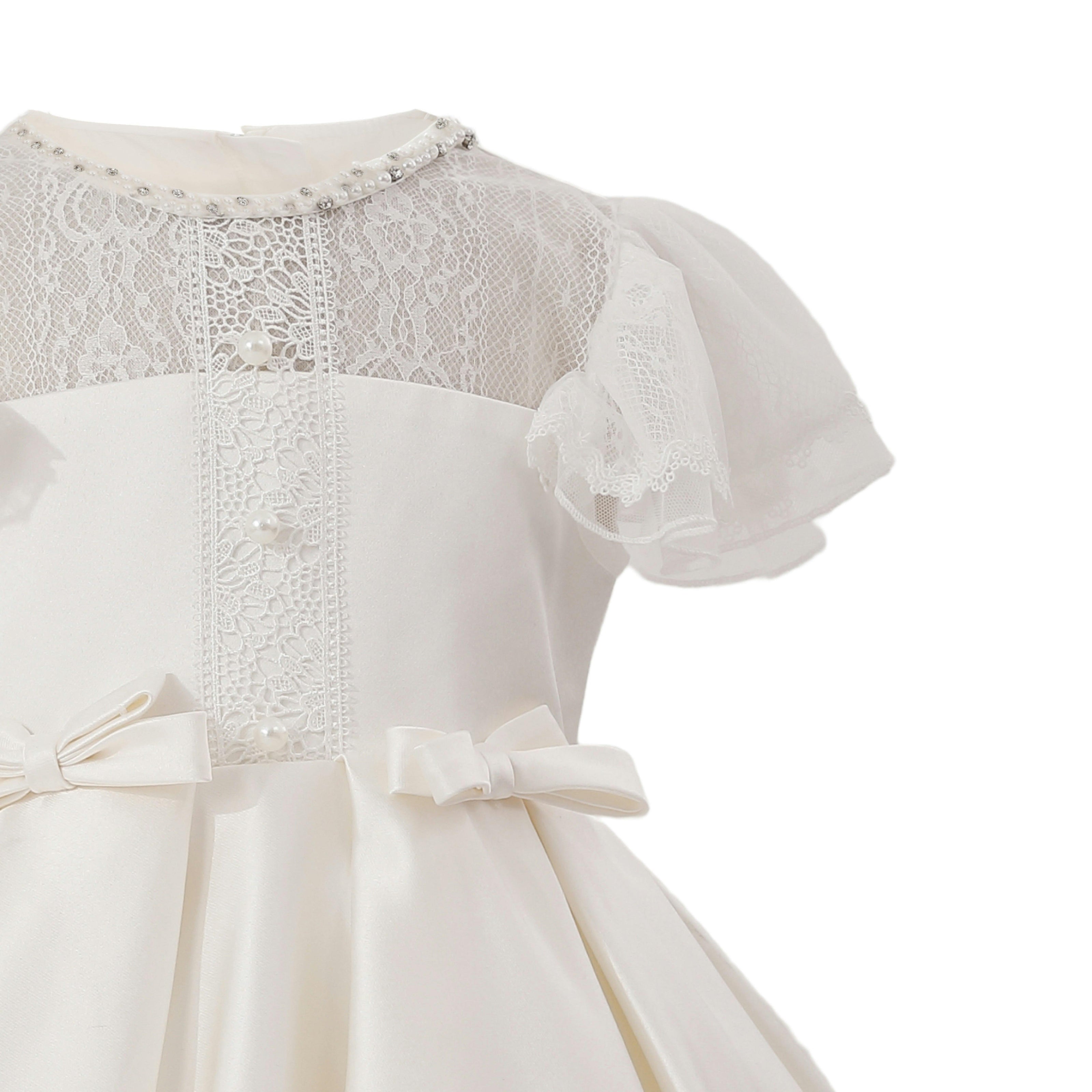 Ivory Riverelle Lace-Trim Puff Sleeve Dress