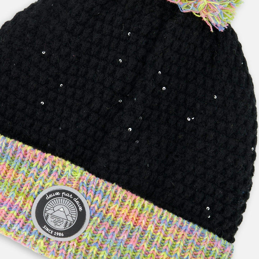 Lined Knit Hat with Pompom Black and Multicolor