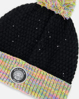 Lined Knit Hat with Pompom Black and Multicolor
