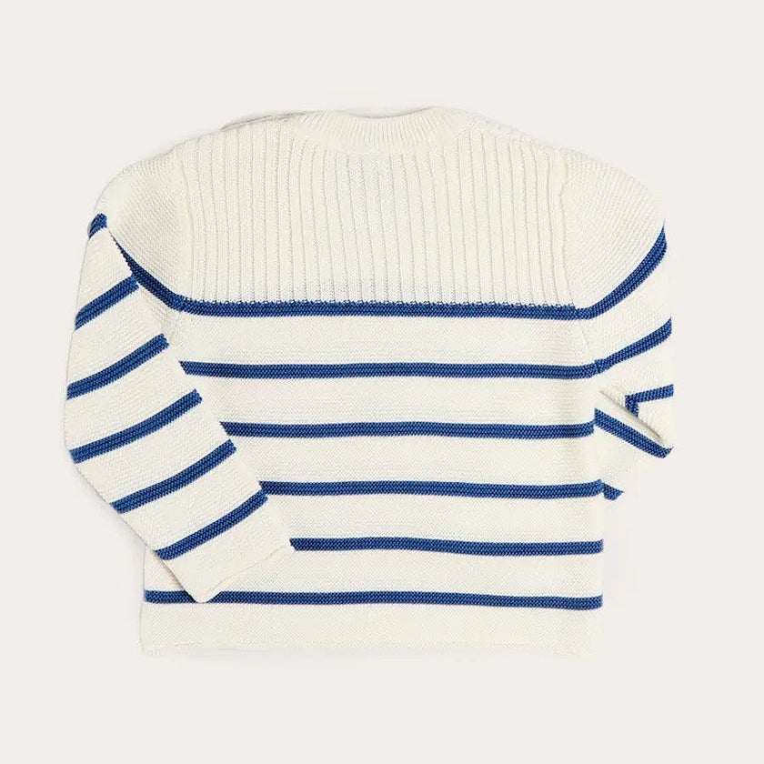 Striped Crewneck Ribbed Detail Blue & White Striped Jumper in Navy (12mths- 10yrs)