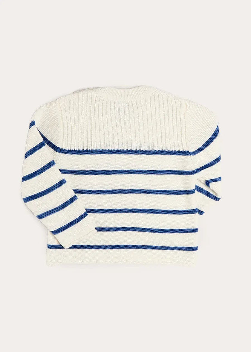 Striped Crewneck Ribbed Detail Blue & White Striped Jumper in Navy (12mths- 10yrs)