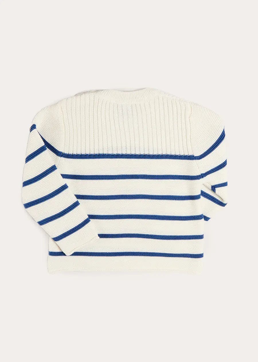 Striped Crewneck Ribbed Detail Blue & White Striped Jumper in Navy (12mths- 10yrs)